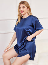 [Tummansininen] SilkSilky-FI Pure Silk Short Sleeve Round Neck Naisten plus-koon pyjamat 004