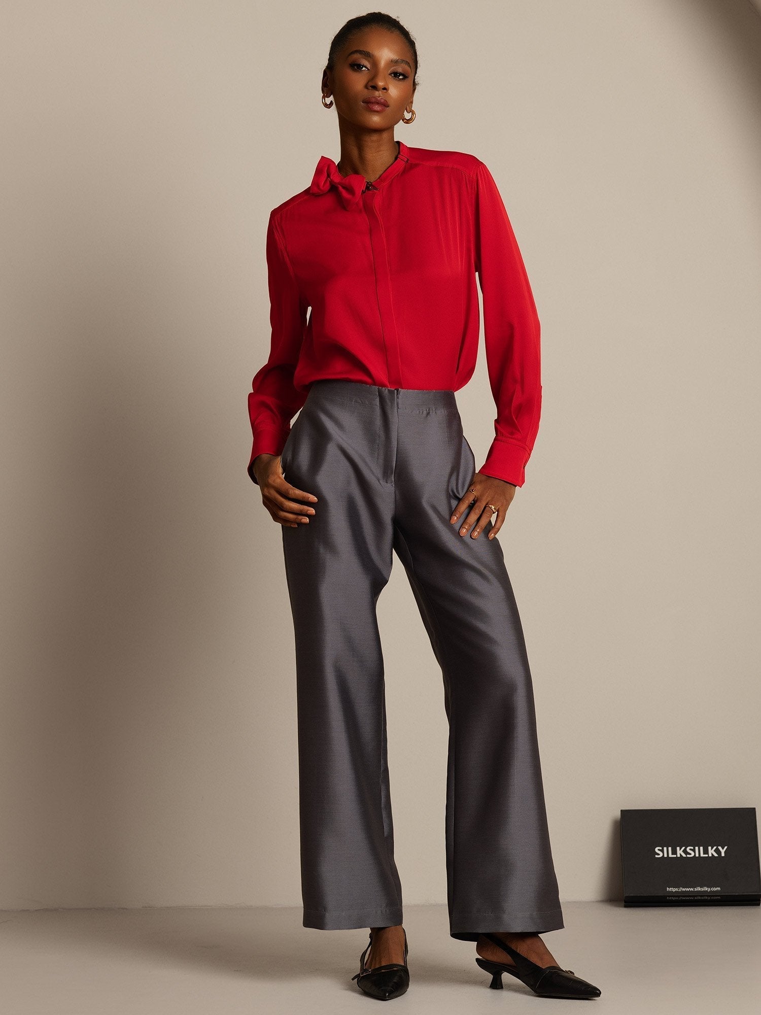 [Harmaa] SilkSilky-FI 32Momme Silk-Wool Blend Womens Pants 005,