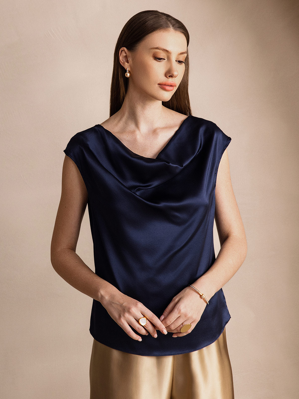 [Tummansininen] SilkSilky-FI 19Momme Womens T-Shirt 001