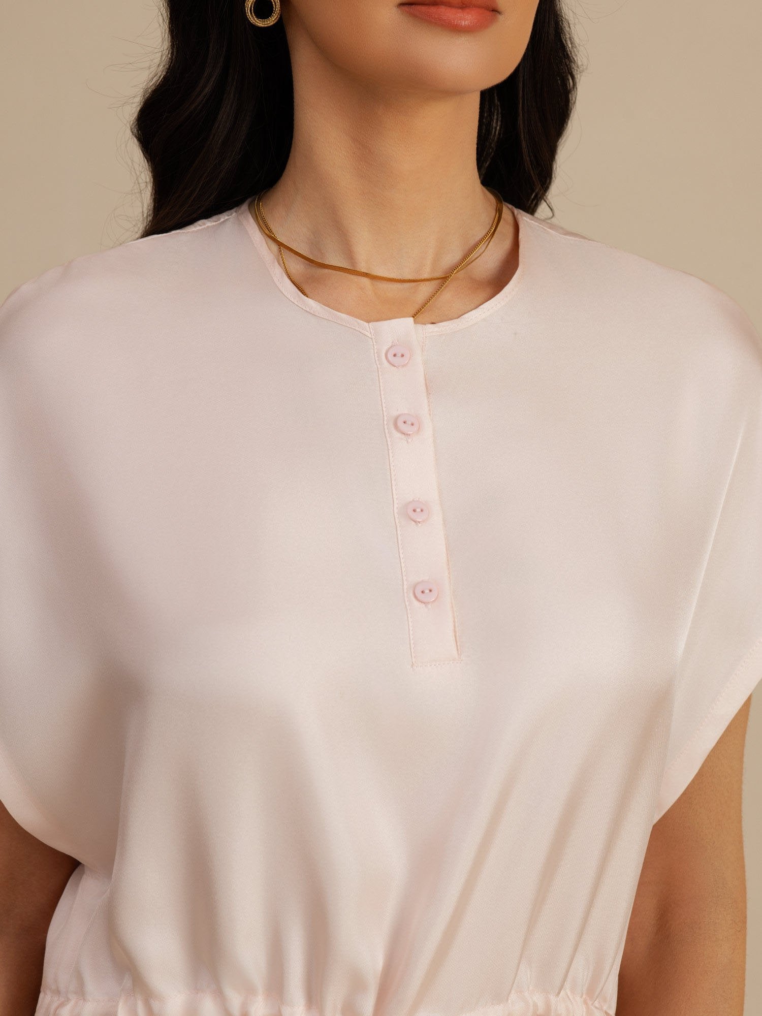[Pinkki] SilkSilky-FI 18Momme Lyhythihainen Hiha Henley-kaula-aukko Mekko 004