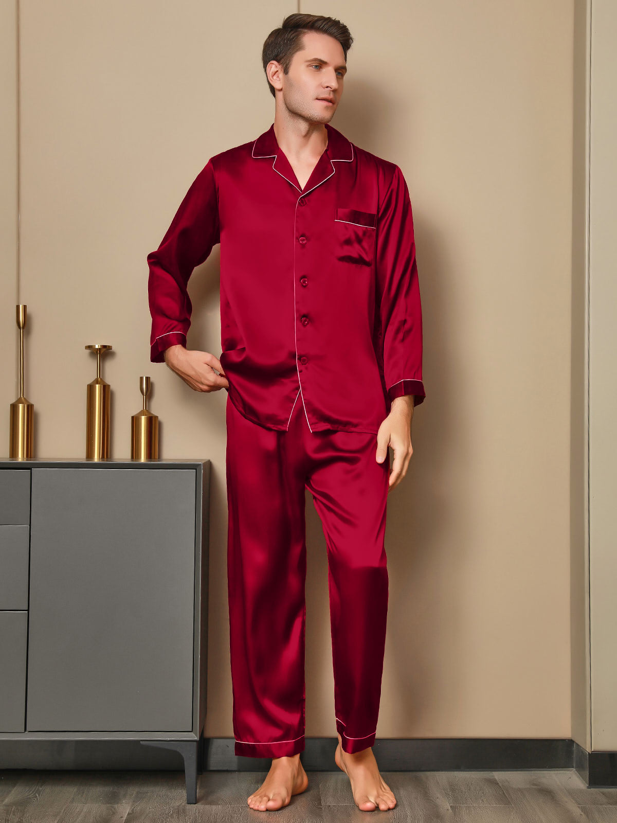 [Punainen] SilkSilky-FI 19Momme Mens Pajamas 003