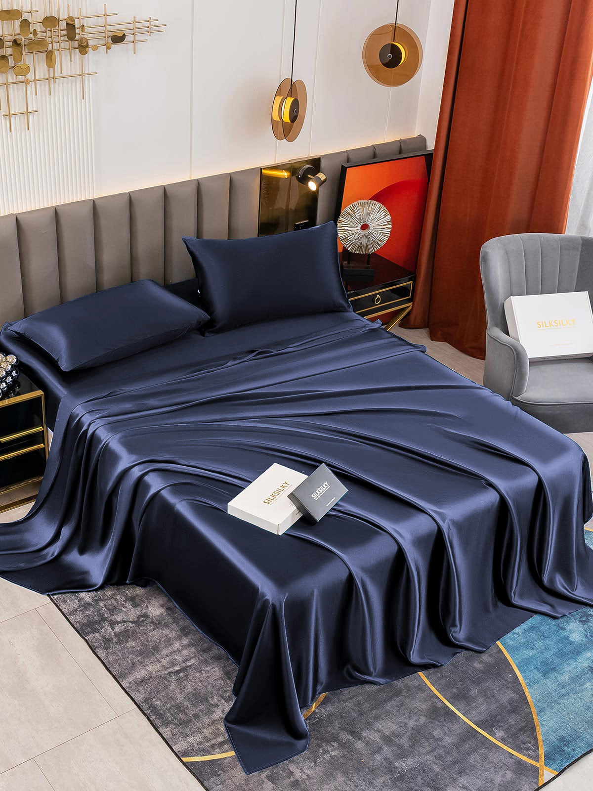 [Tummansininen] SilkSilky-FI 19Momme Bedding Set 001