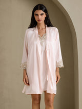 [Pinkki] SilkSilky-FI 3/4 Sleeve V Neck Yöpaita ja Aamutakkisetti 001