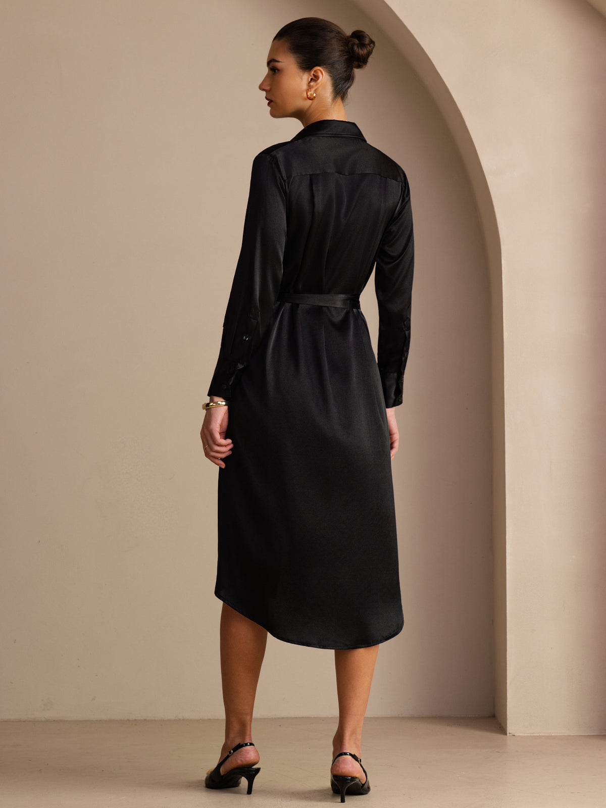 [Musta] SilkSilky-FI Long Sleeve Lapel Collar Mekko 002
