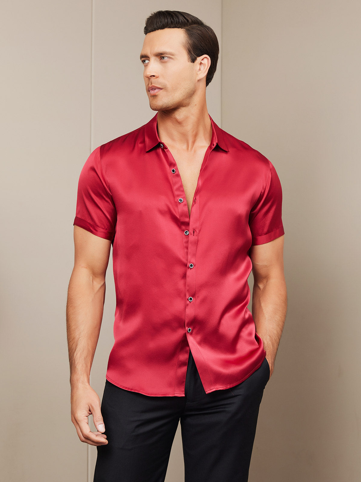 [Punainen] SilkSilky-FI Silk Short Sleeve Collar Miesten Paita 005
