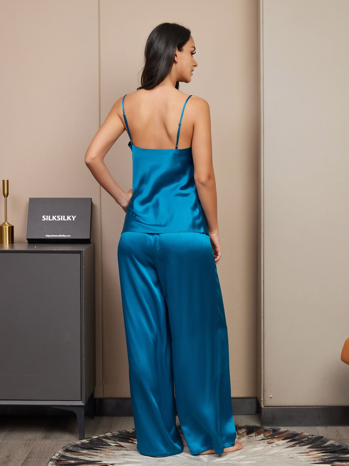 [Sinivihreä] SilkSilky-FI Spagettihihna V Pääntie Camisole Setti 002