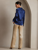 [Tummansininen] SilkSilky-FI Long Sleeve Lapel Collar Naisten paita 002