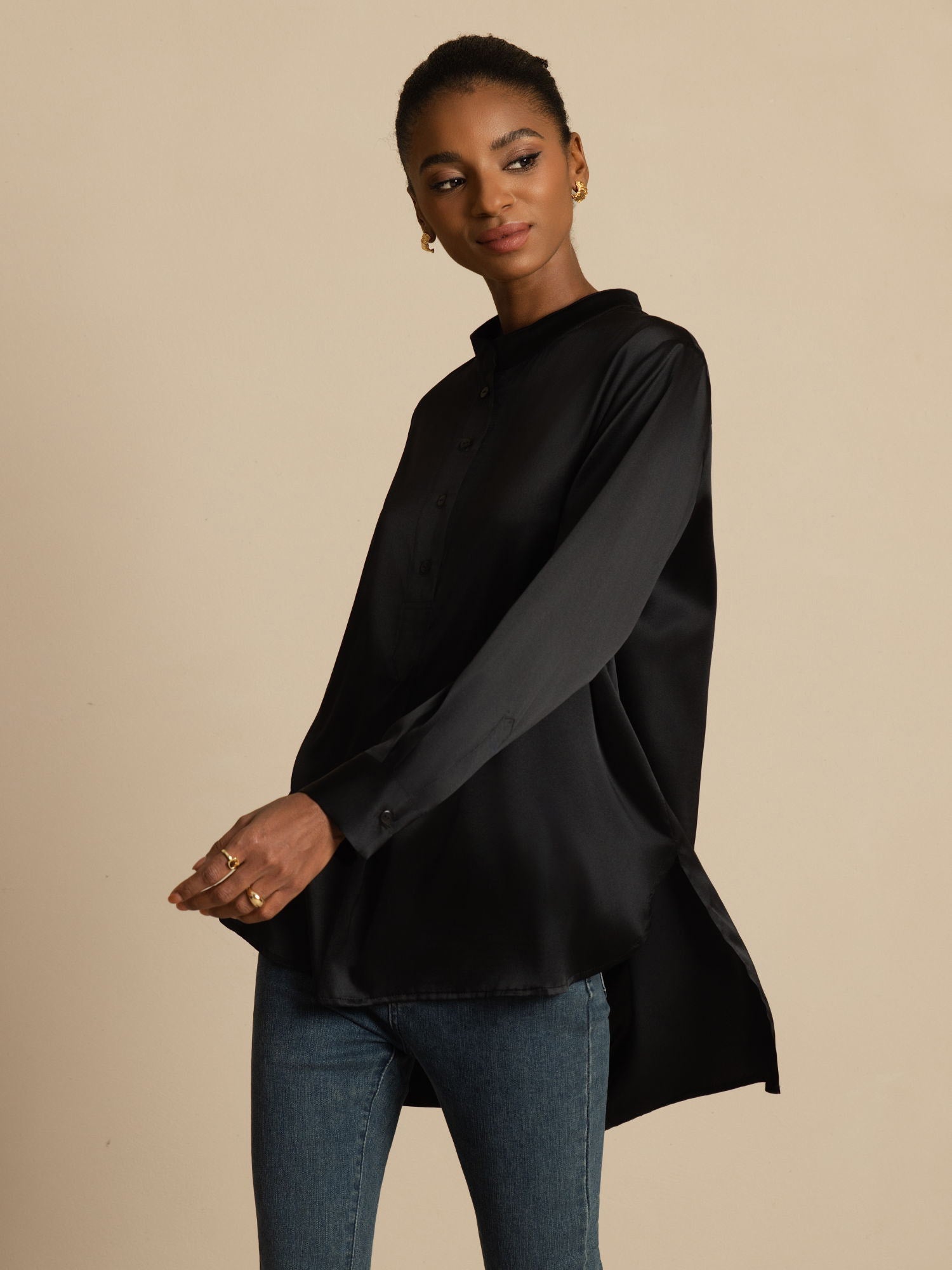 [Musta] SilkSilky-FI 19Momme Silkki Pitkähihainen Pystykaulus Pusero 003