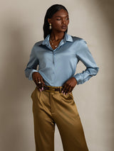 [Harmaansininen] SilkSilky-FI Long Sleeve Lapel Collar Naisten paita 004