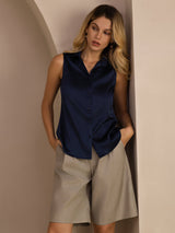 [Tummansininen] SilkSilky-FI Sleeveless Lapel Collar Naisten paita 006