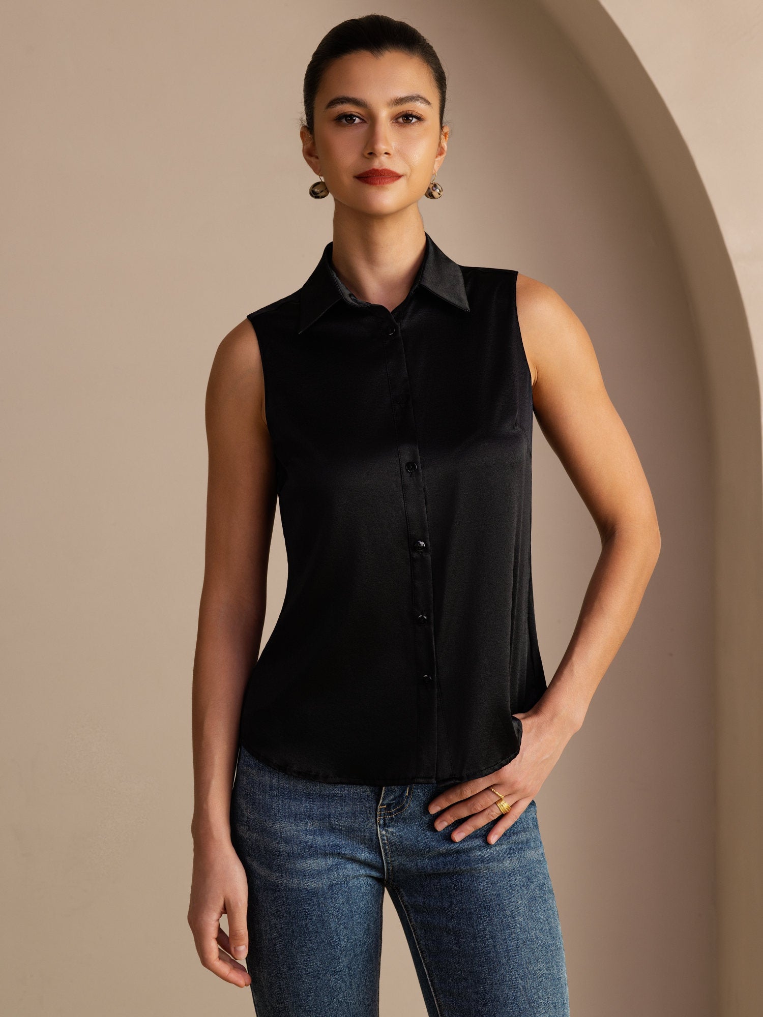 [Musta] SilkSilky-FI Sleeveless Lapel Collar Naisten paita 001