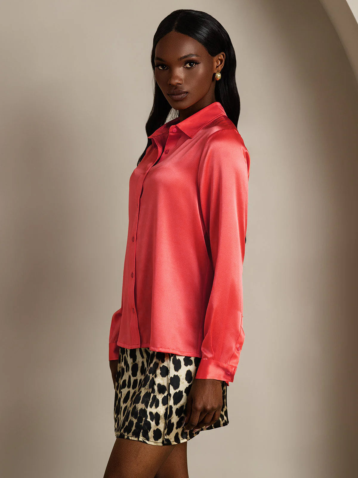 [Keisarillinen Punainen] SilkSilky-FI 19Momme Silk Long Sleeve Collar Naisten paita 004