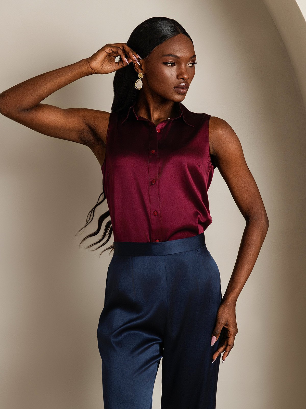 SilkSilky-FI 19Momme Womens Shirt Tummanpunainen 004