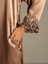 [Ruskea] SilkSilky-FI 3/4 Sleeve V Neck Yöpaita ja Aamutakkisetti 005