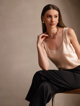 [Champagne] SilkSilky  19Momme Stretch Silk Charmeuse Sleeveless Scoop Neck Camisole Top 004