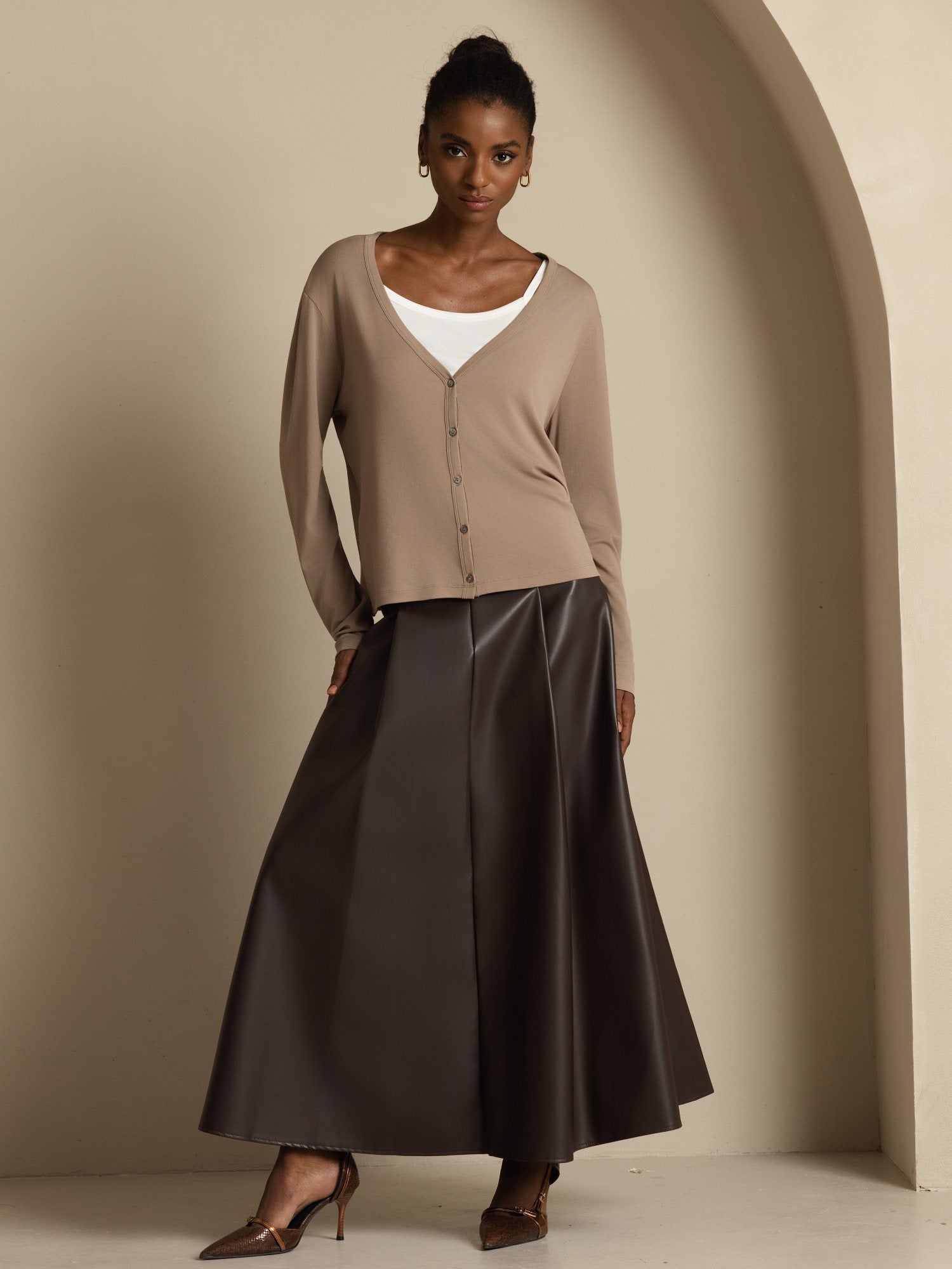 [Tan] SilkSilky-FI 19Momme Silkki Pitkähihainen V Pääntie Naisten Cardigan 006