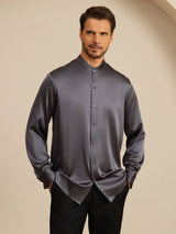 [Tumman Harmaa] SilkSilky-FI Long Sleeve Stand Collar Miesten Paita 001