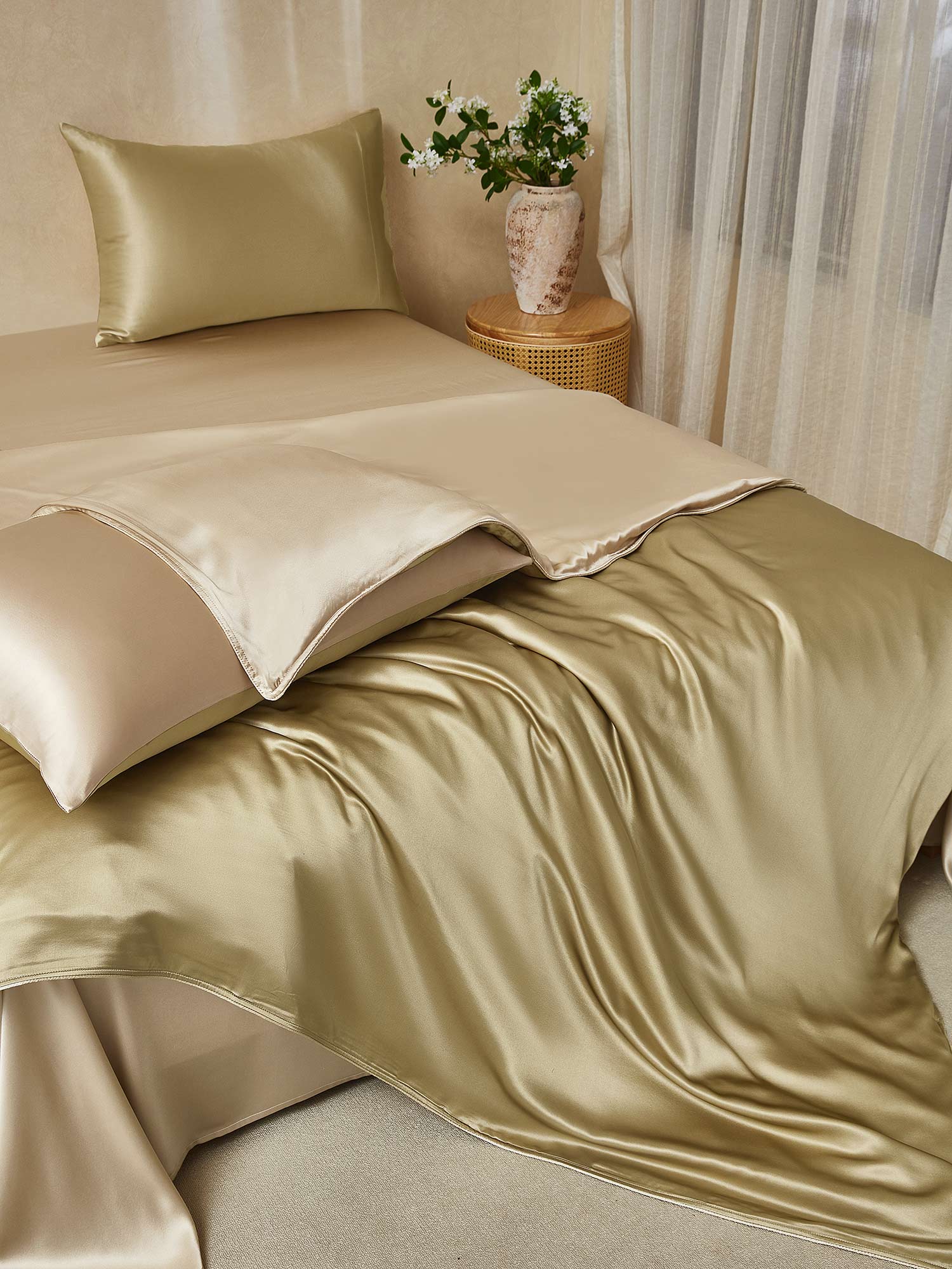 [Beige+Khaki] SilkSilky-FI 19Momme Bedding Set 001,