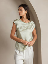 [Vaaleanvihreä] SilkSilky-FI Cap Sleeve Cowl Neck Naisten T-paita 001