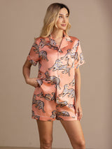 [Vaaleanpunainen Kissa] SilkSilky-FI Short Sleeve Lapel Collar Naisten Pyjamat 001