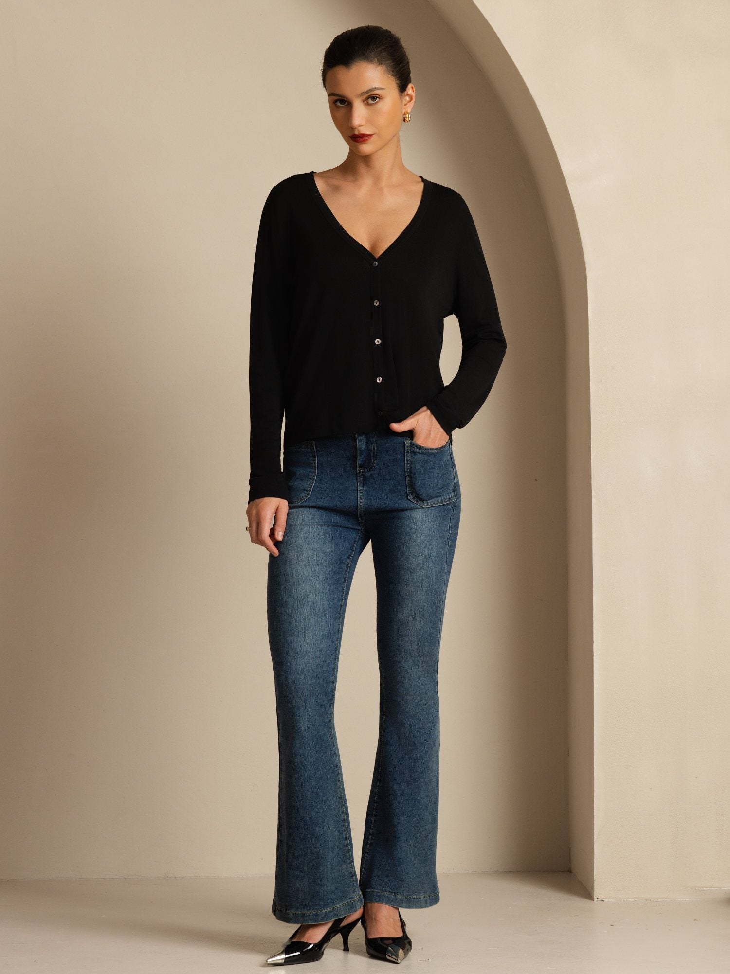 [Musta] SilkSilky-FI 19Momme Silkki Pitkähihainen V Pääntie Naisten Cardigan 006