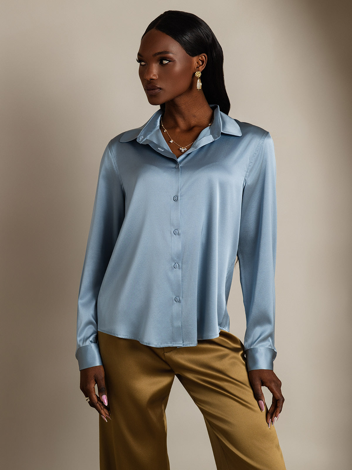 [Harmaansininen] SilkSilky-FI Lapel Collar Naisten paita 001