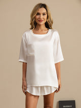 [Valkoinen] SilkSilky-FI Short Sleeve Round Neck Naisten Pyjamat 001