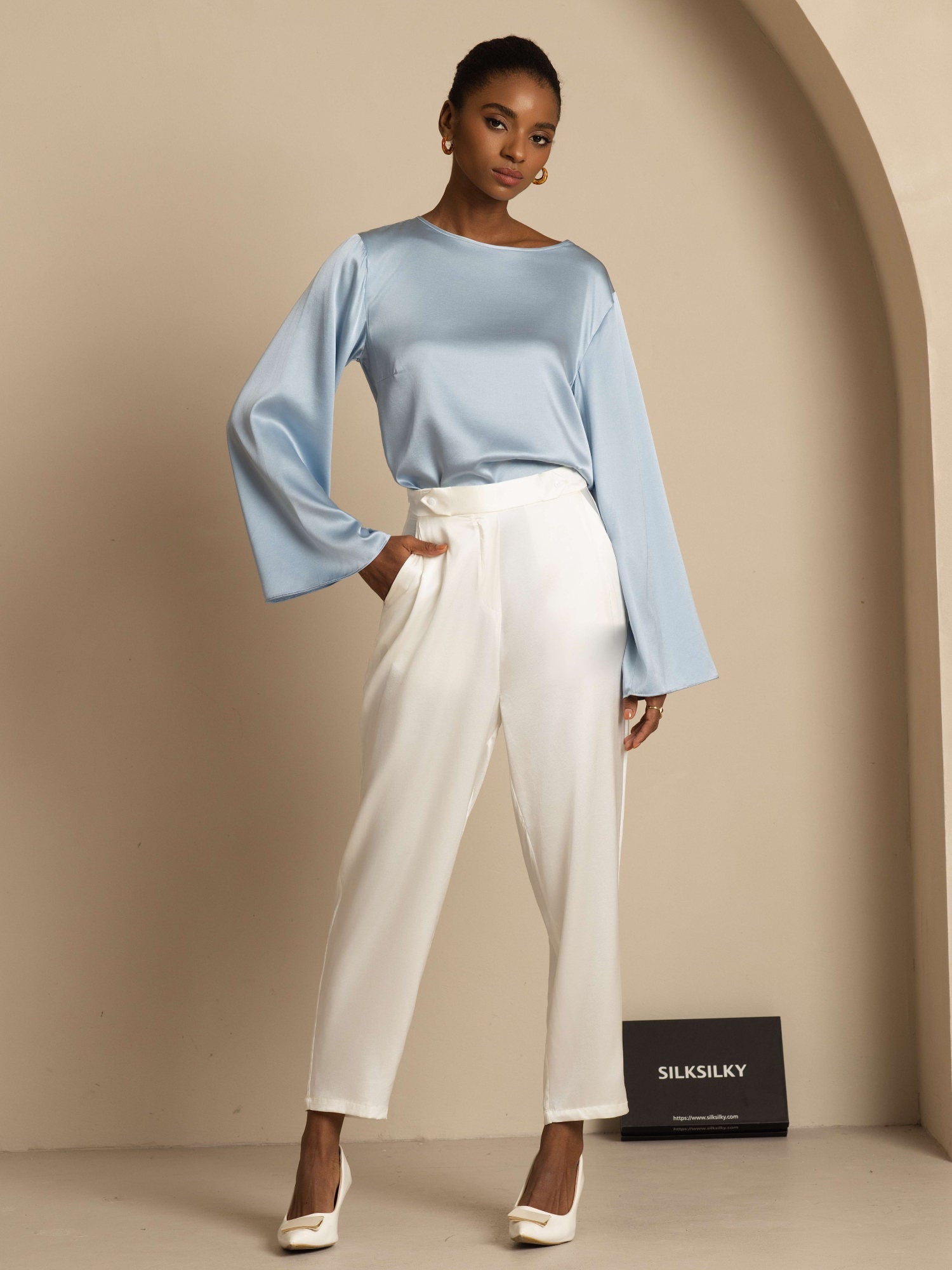 [Harmaansininen] SilkSilky-FI 19Momme Pitkähihainen Venekaula-aukko Pusero 007