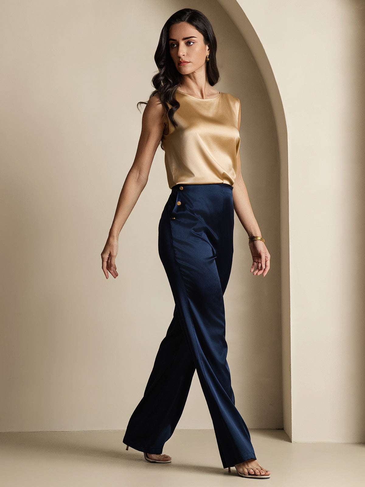 [Tummansininen] SilkSilky-FI 19Momme Womens Pants 007