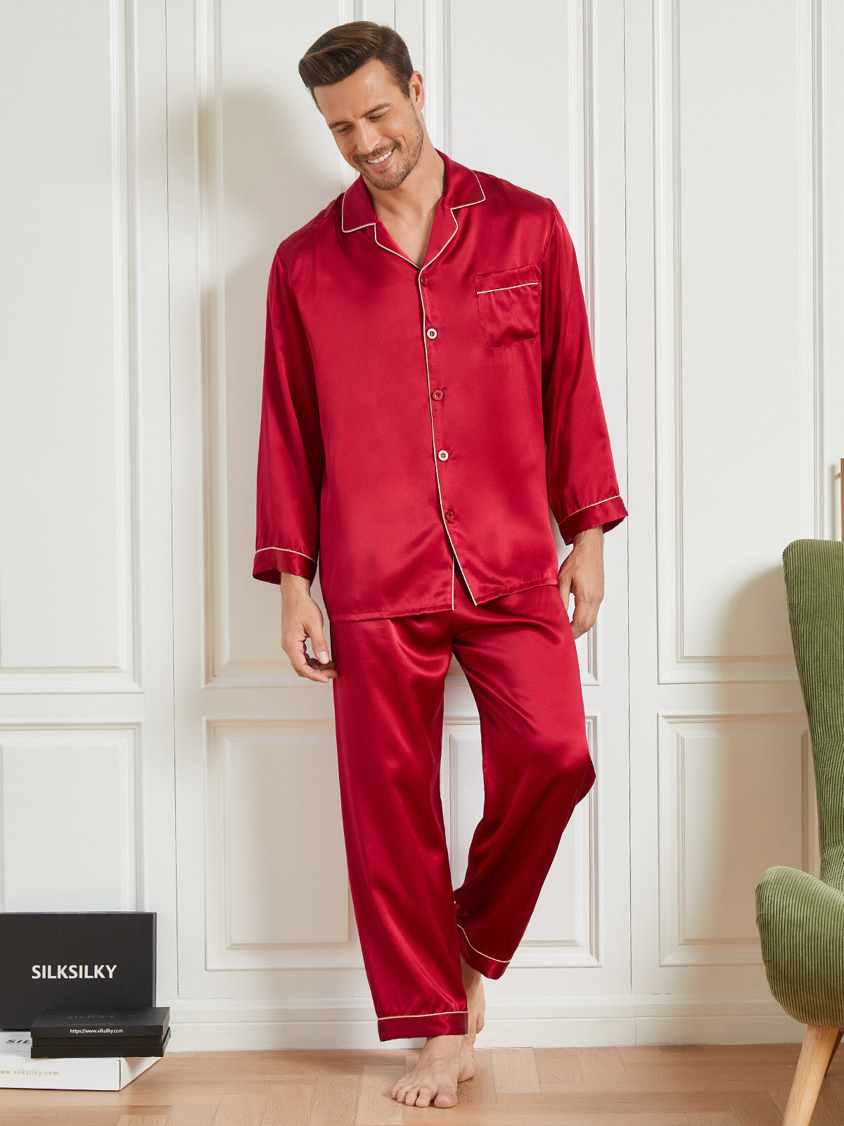 [Punainen] SilkSilky-FI 19Momme Mens Pajamas 001