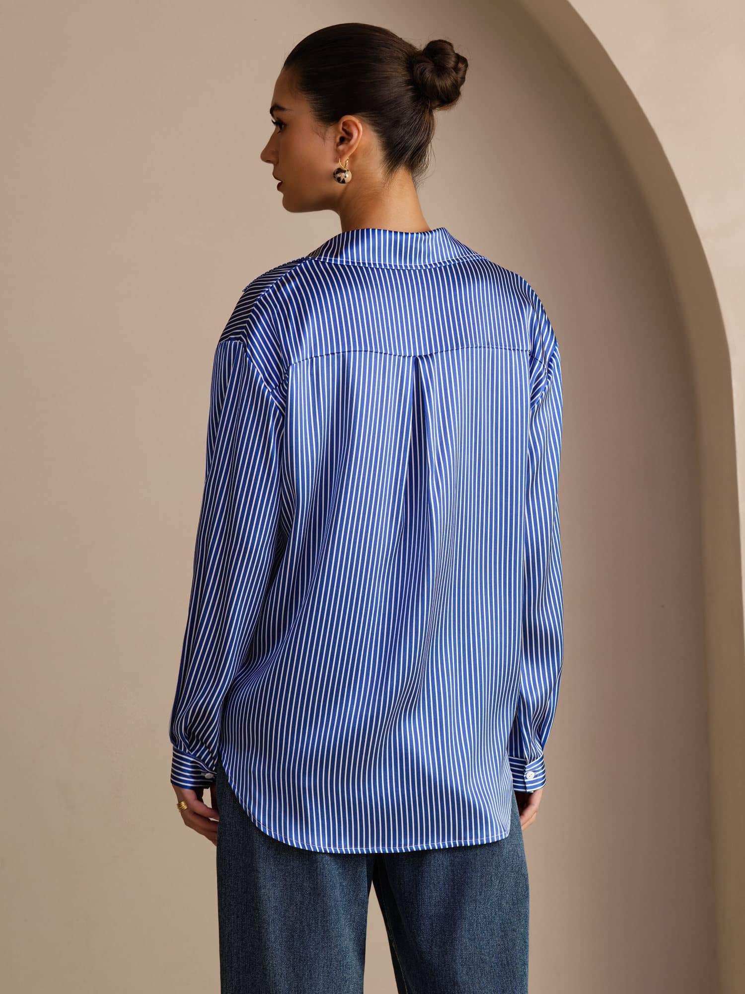 [Sininen Liituraita] SilkSilky-FI Long Sleeve Lapel Collar Naisten paita 002
