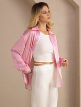 [Vaaleanpunainen Liituraita] SilkSilky-FI Long Sleeve Lapel Collar Naisten paita 005