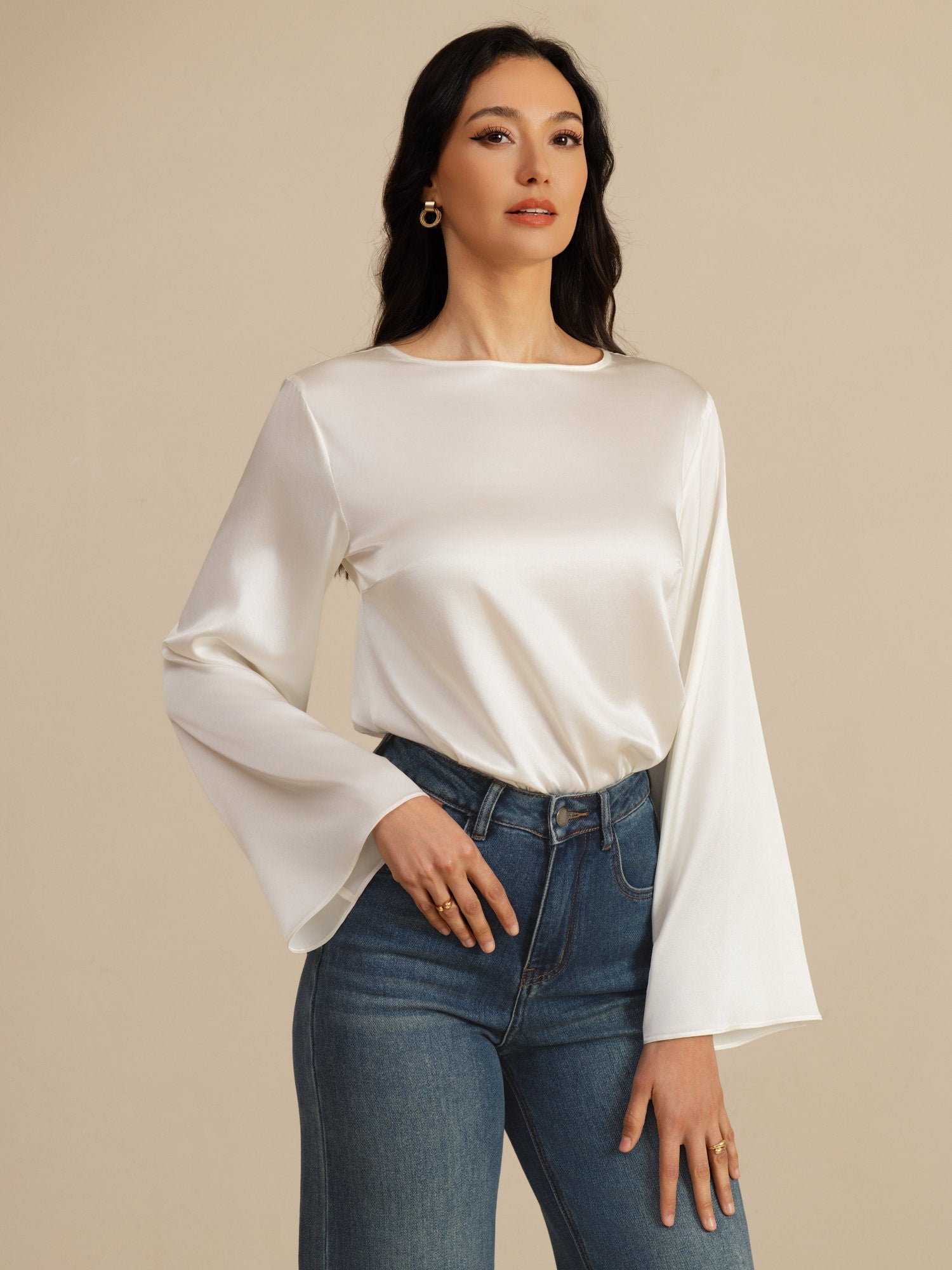 [Valkoinen] SilkSilky-FI 19Momme Pitkähihainen Venekaula-aukko Pusero 001