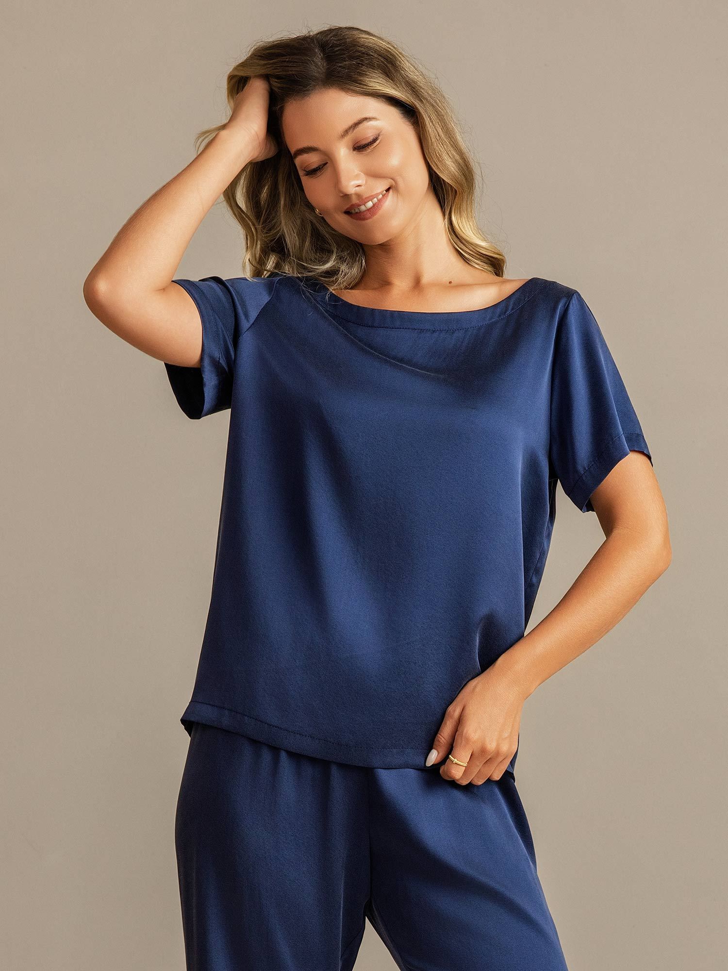 [Tummansininen] SilkSilky-FI 19Momme Womens Pajamas 003