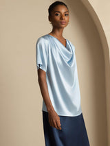 [Harmaansininen] SilkSilky-FI Short Sleeve Cowl Neck Naisten Puserot 006