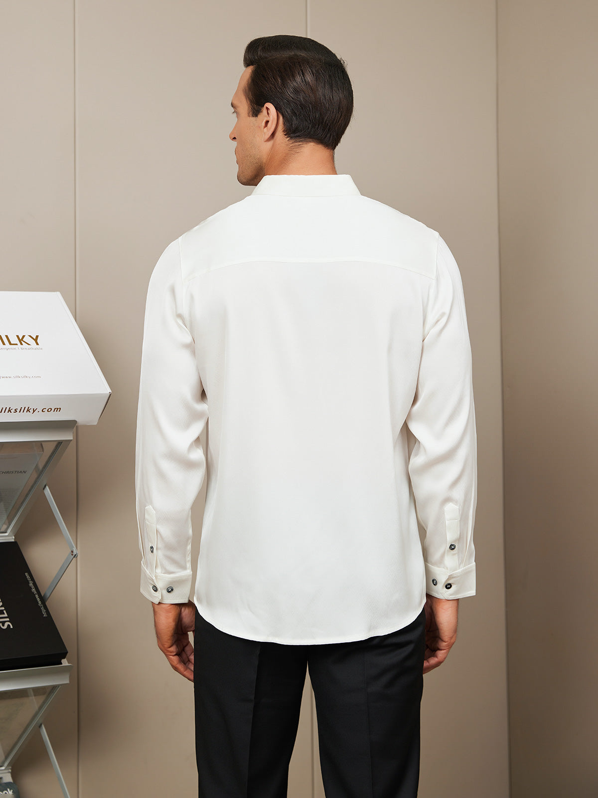 [Valkoinen] SilkSilky-FI Silk Long Sleeve Collar Miesten Paita 002