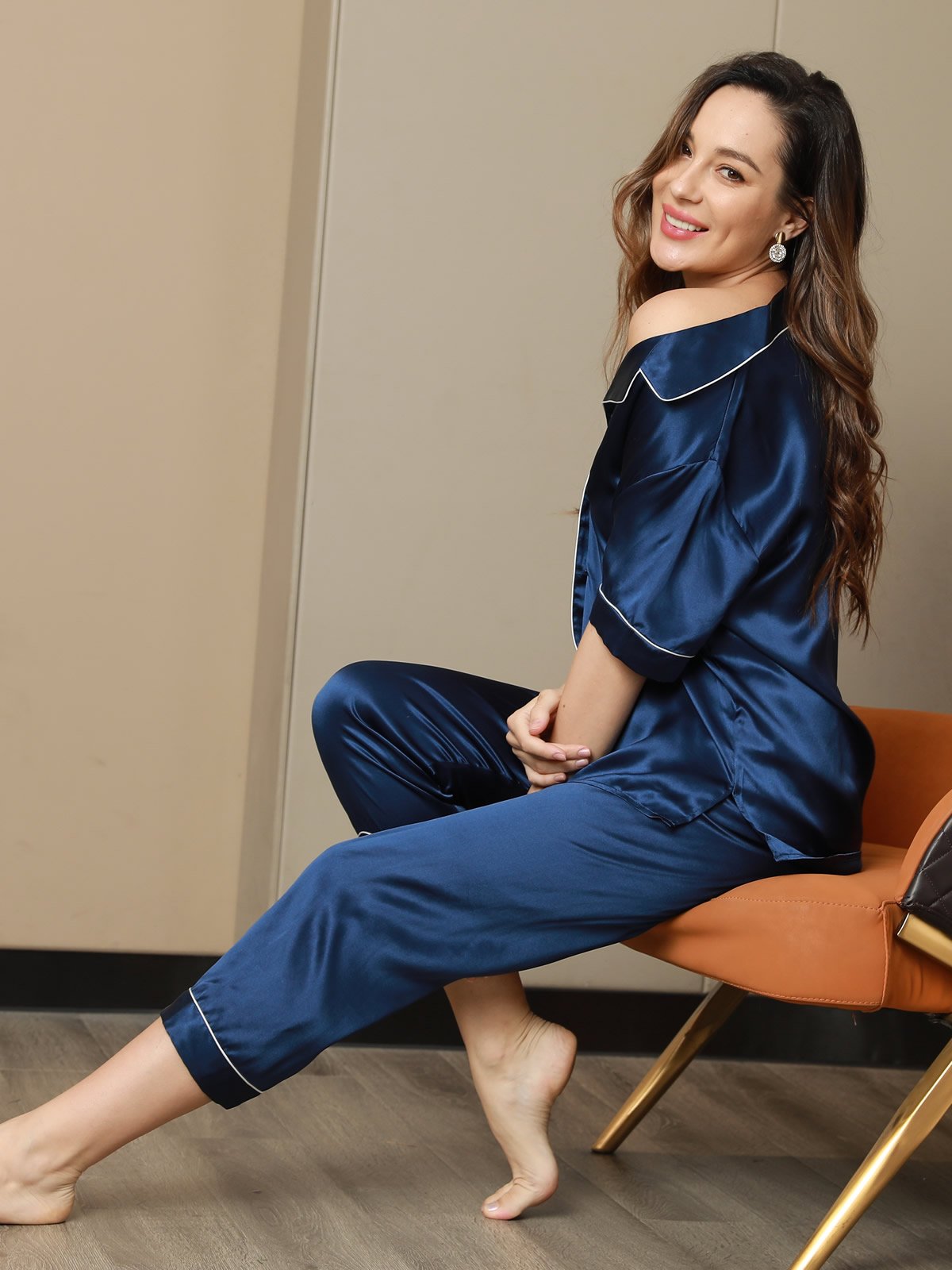[Tummansininen] SilkSilky-FI Pure Silk Short Sleeve Lapel Naisten Pyjamat 003