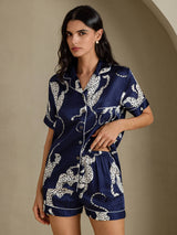 [Laivastonsininen Gepardi] SilkSilky-FI Short Sleeve Notch Collar Naisten Pyjamat 005