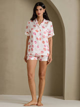 [Valkoinen Huulipuna] SilkSilky-FI Short Sleeve Notch Collar Naisten Pyjamat 005