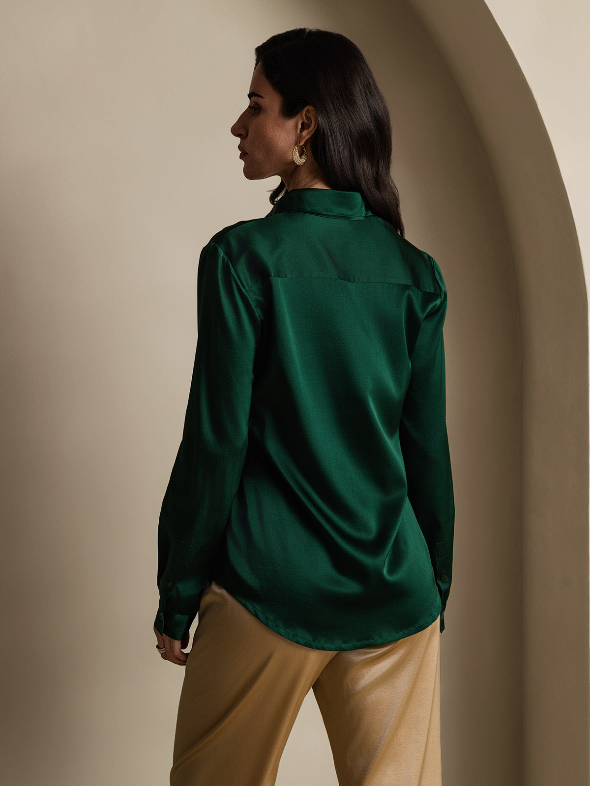 [Tummanvihreä] SilkSilky-FI 19Momme Silk Long Sleeve Collar Naisten paita 002