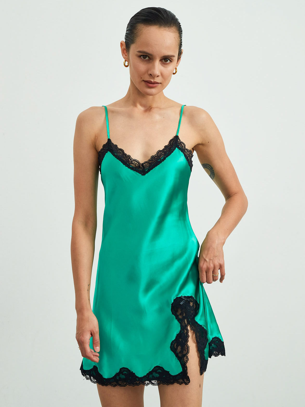 [Vihreä] SilkSilky-FI Pure Silk Sleeveless V Neck Yöpaita 001