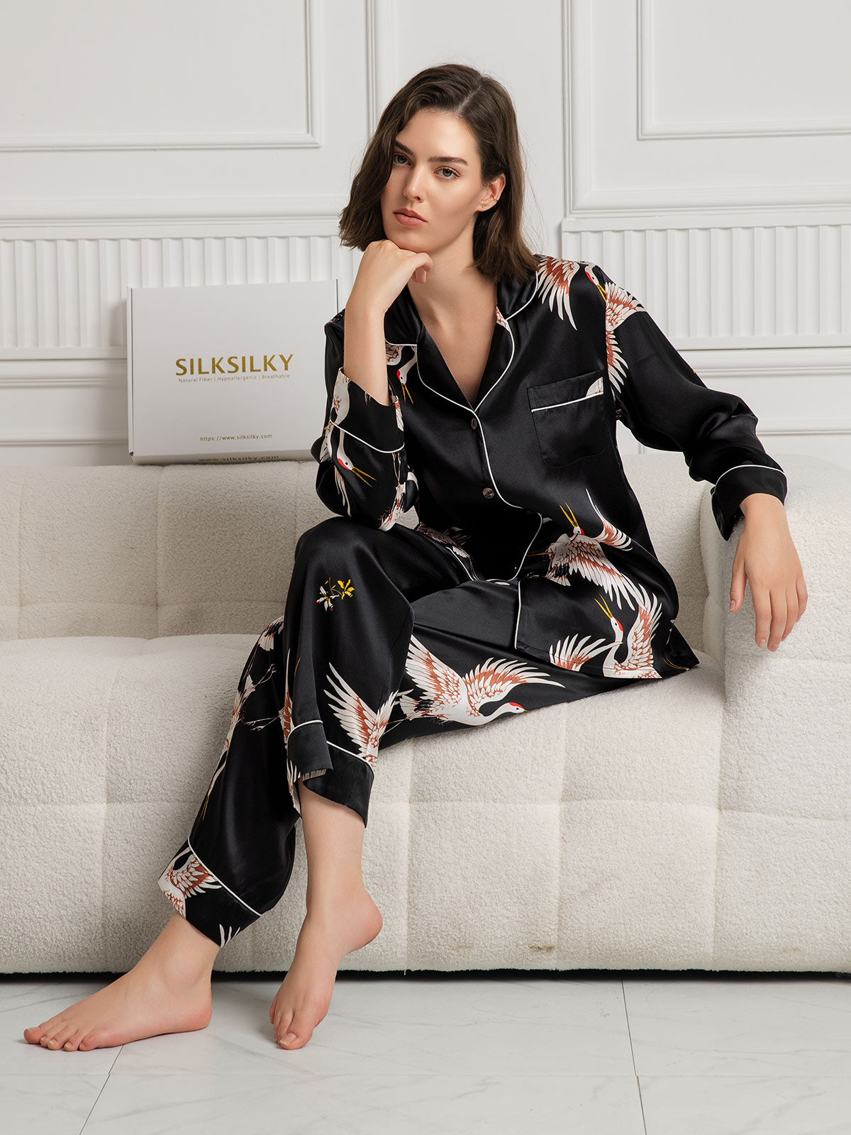 [Musta] SilkSilky-FI 19Momme Pure Silk Long Sleeve Lapel Naisten Pyjamat 001