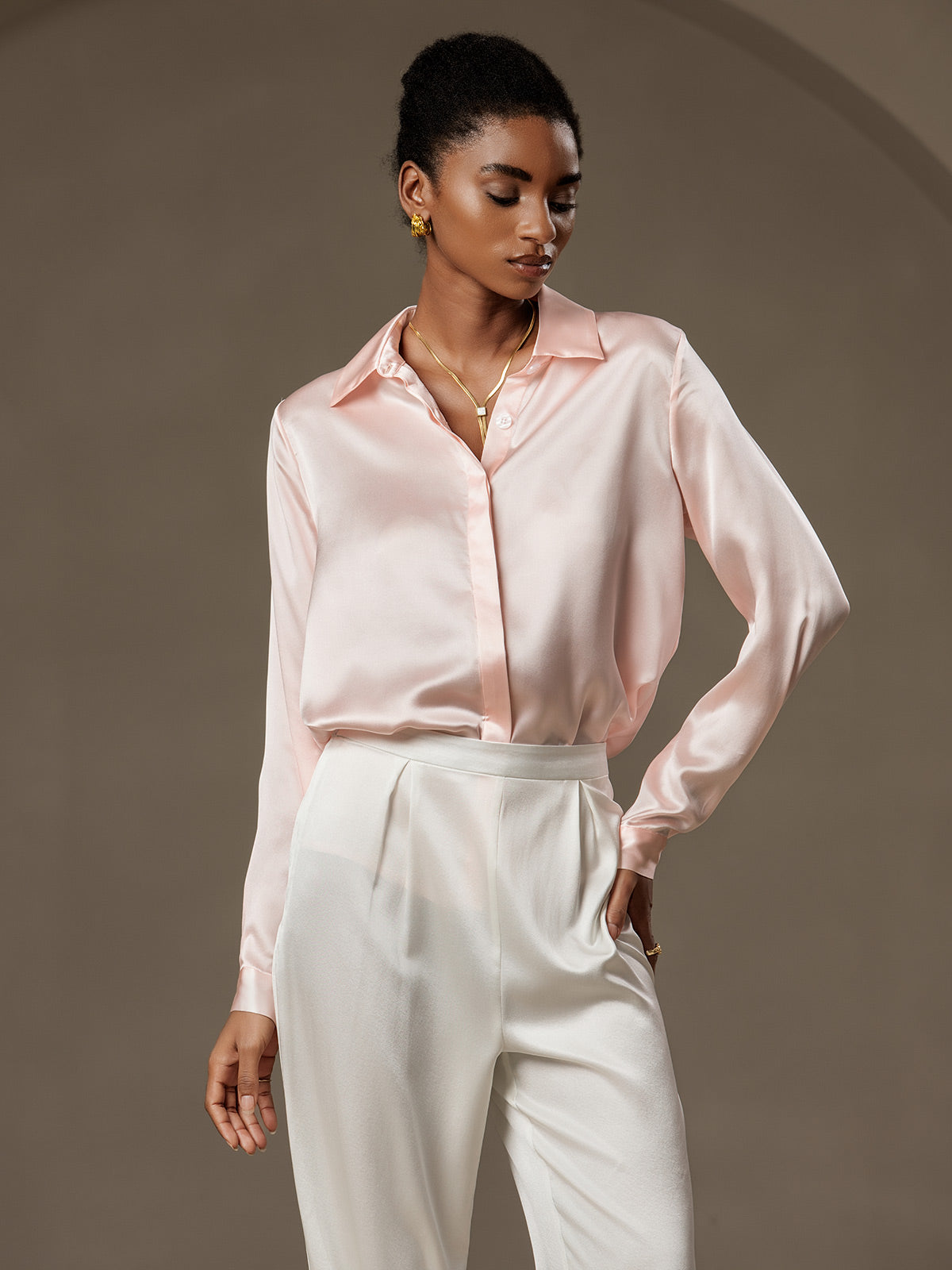 [Pinkki] SilkSilky-FI 19Momme Lapel Collar Naisten paita 001
