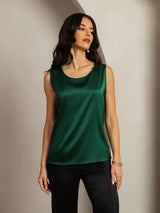 [Tummanvihreä] SilkSilky-FI Sleeveless Round Neck Camisole Top 001