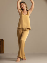 [Tan] SilkSilky-FI 19Momme Hihaton Syvä Pyöreä Pääntie Naisten Pyjamat 004