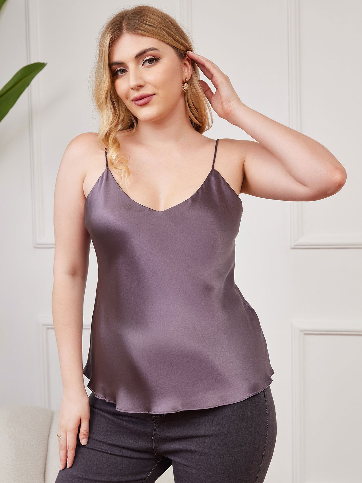 SilkSilky FI Pure Silk Deep V Neck Plus koon Camisole Top Purppuranharmaa 004