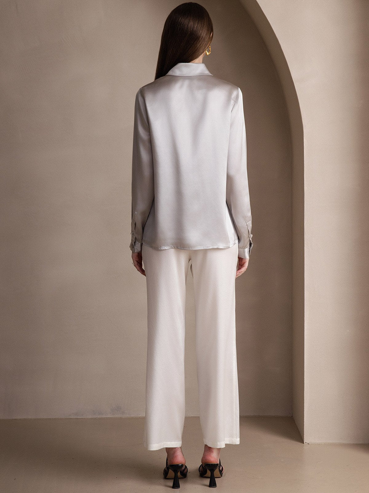 [Vaalean Harmaa] SilkSilky-FI Long Sleeve Lapel Collar Naisten paita 002