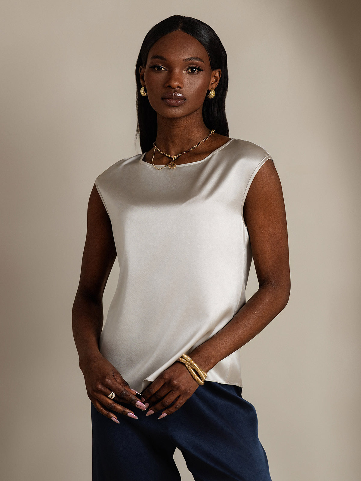 [Vaalean Harmaa] SilkSilky-FI 19Momme Womens T-Shirt 003