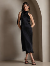 [Musta] SilkSilky-FI Sleeveless Tie Neck Mekko 006