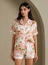 [Valkoinen Pioni] SilkSilky-FI Short Sleeve Notch Collar Naisten Pyjamat 001